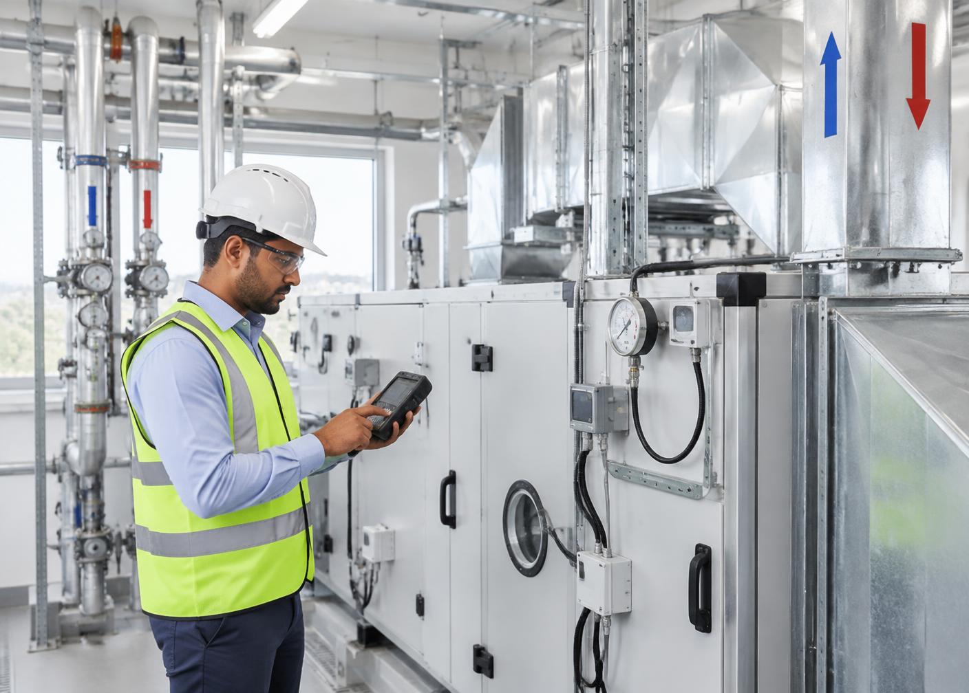 HVAC engineer testing an air handling unit during commissioning