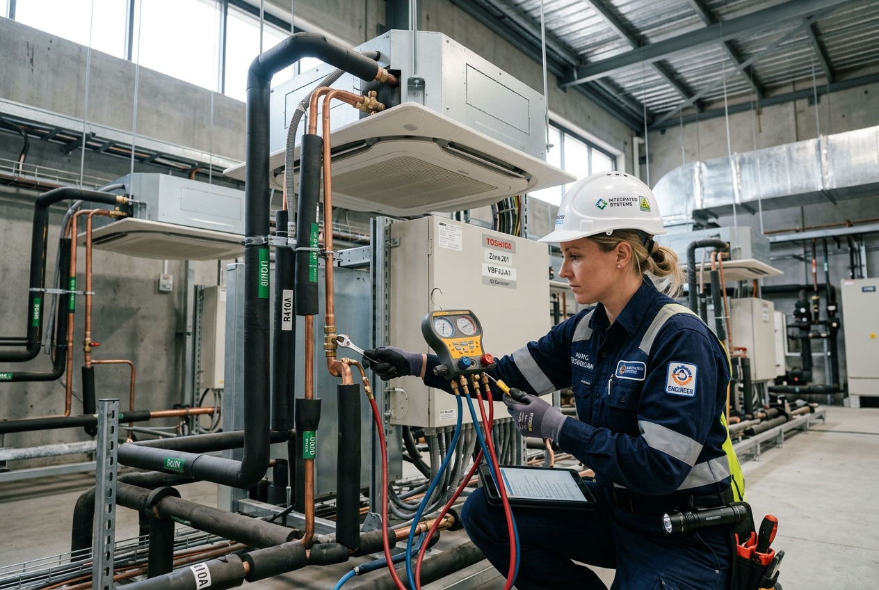 HVAC engineer commissioning a VRF system with copper refrigerant pipes