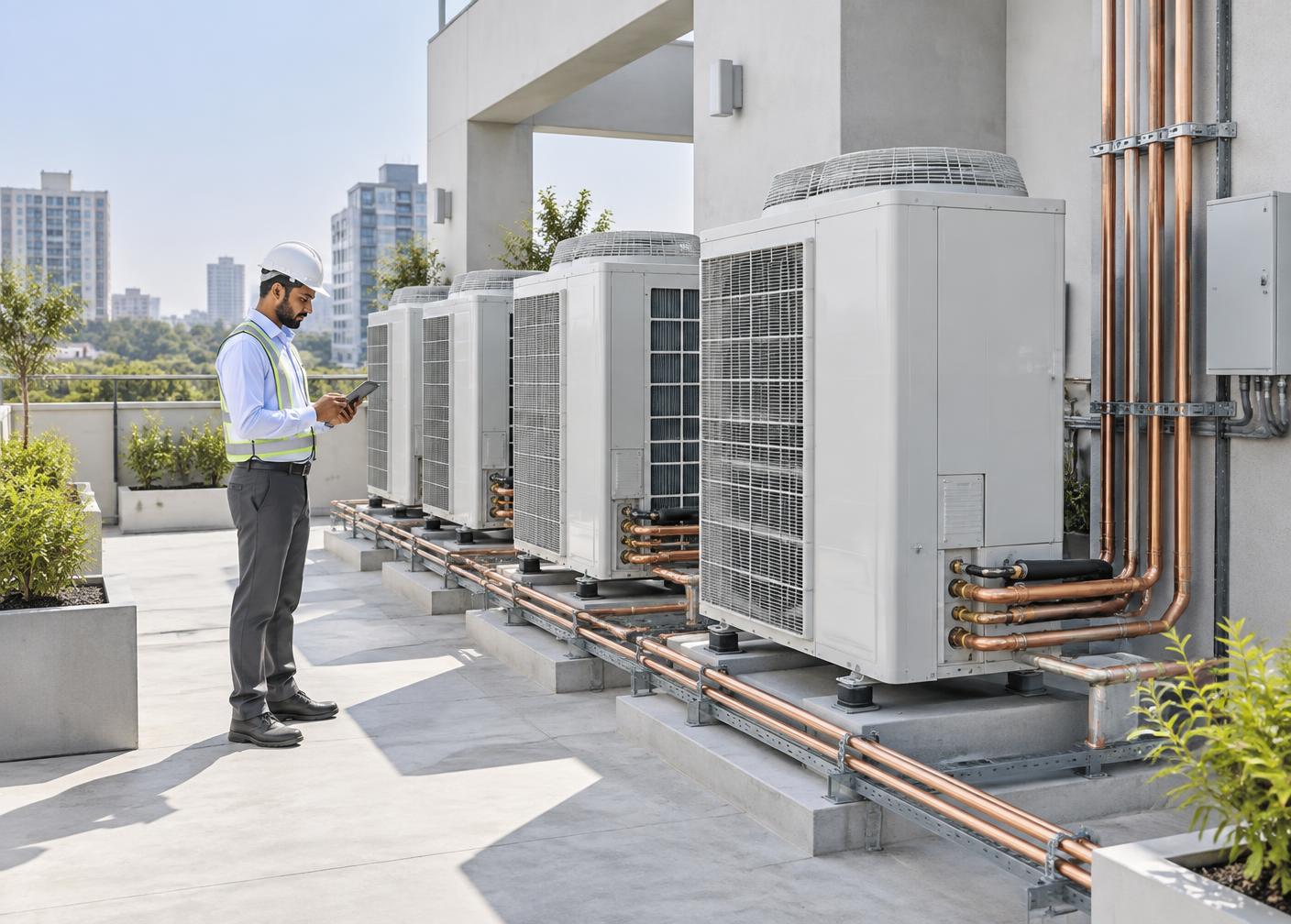 Engineer inspecting an installed VRF air-conditioning system